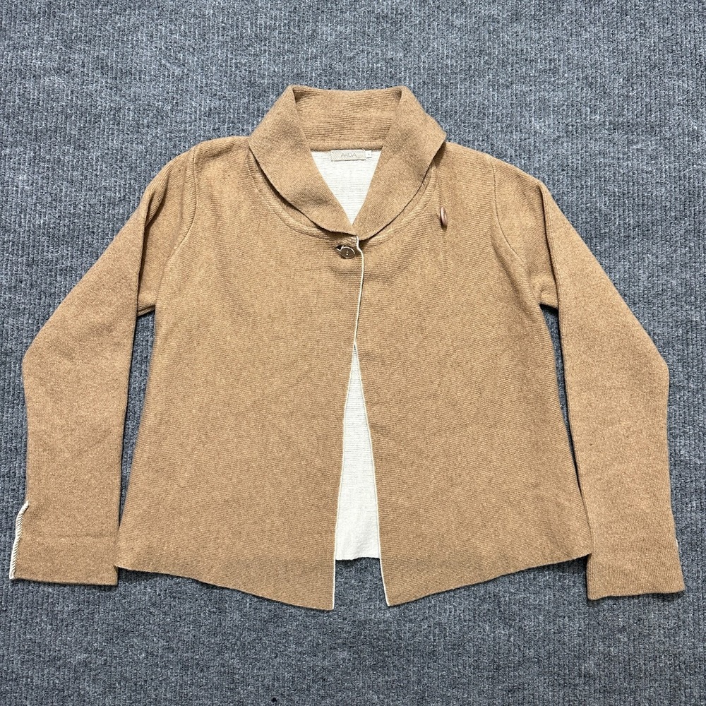 A. IDA Womens Cardigan Sweater‎ L Large Tan Beige Wrap Wool Blend Made In Italy
